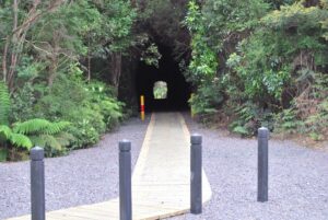 Looking down the tunnel from the southern car park with bollards preventing vehicle access. (Dec 2010)