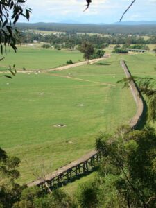 View from Burns Rd Grand View lookout of very long bridge into Orbost (Liz Mitchell)