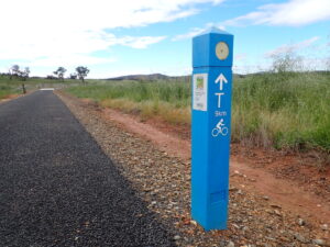 Trail km post near Glenroy - there are marker posts every km on the trail showing distance to go