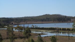 At Boynedale the rail line skirts Lake Awoonga, as it had to be relocated in the 1990s when the lake level was raised (2018)