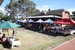 Yea Country Market is held on the station precinct on the first Saturday of each month. The former station building now houses the Yea Family History Group (Ross Vaughan 2017).