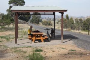 There are six shelters with picnic table at strategic locations along the rail trail, including this one near the top of Merton Gap (2012).