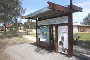 This Interpretative sign at Mansfield Station precinct is one of four located at key entry points to the rail trail (2017)