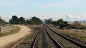 The start of the rail trail at Ballarat still has some track of the branchline veering away from the mainline [2009]