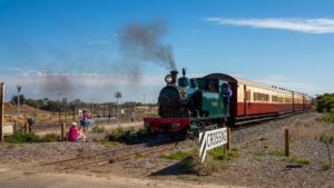 A steam train departing Lakers Siding. The Bellarine Railway is happy to carry your bikes. [2021]