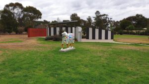 Artworks and toilets near the start of the rail trail at Stanhope. (2019)