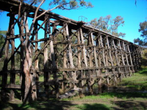 The impressive Mollison Creek bridge at Pyalong would be a landmark of the extended rail trail but likely to be too expensive to open for trail users [2011 Garry Long]