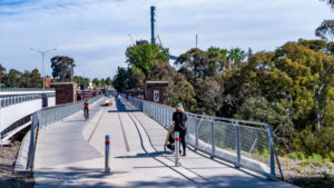 The former railway bridge across the Yarra River became a road bridge after the railway closed and became a rail trail in 2020