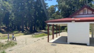 Red Hill Station Reserve now has a retro shelter on the rebuilt platform, overlooking the pump track [2023]