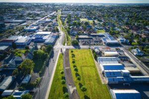 An aerial view of the rail trail east of the railway station and how maintains a green corridor through the city [2023 City of Mt Gambier]