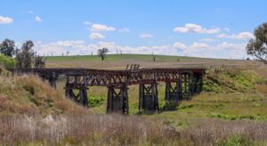 The dilapidated timber bridge over the Boorowa River [2023]