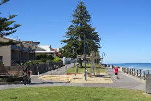 Glenelg foreshore showing a sensible path design with cyclists on the left path and walkers on the seaside path - Oct 23