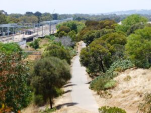 view along the trail from Mawson Lakes with railway on the left - Feb 24