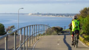 Great views of the ocean and Adelaide city from Marino Rocks but also note the gradients beside the active railway line. [2020]